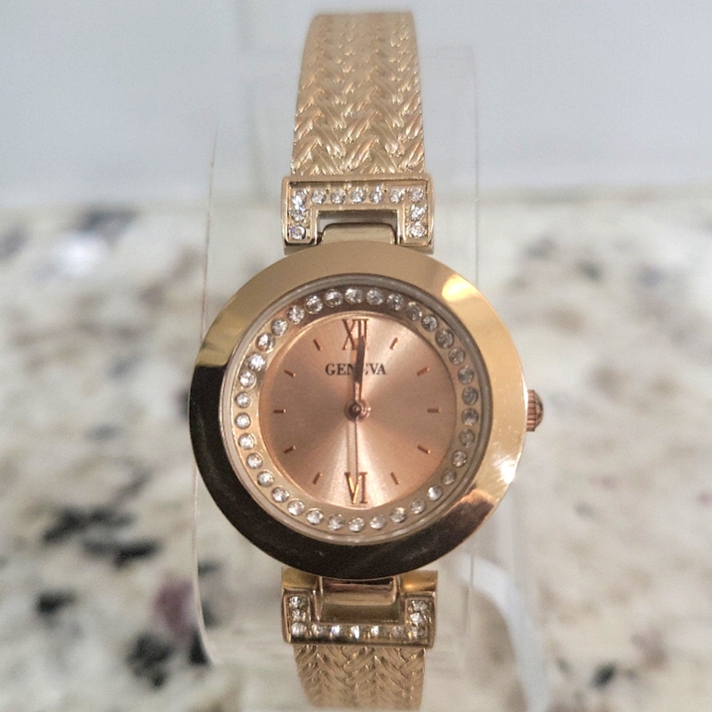 Womens Geneva Rose Goldtone CZ Embellished Wrist Watch